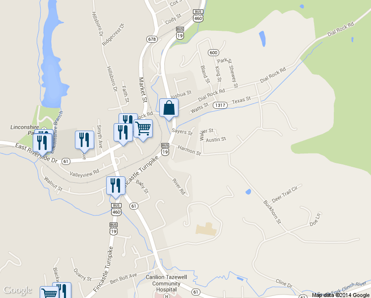 map of restaurants, bars, coffee shops, grocery stores, and more near Harmon St in Tazewell