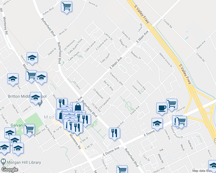map of restaurants, bars, coffee shops, grocery stores, and more near 475 Bel Air Way in Morgan Hill