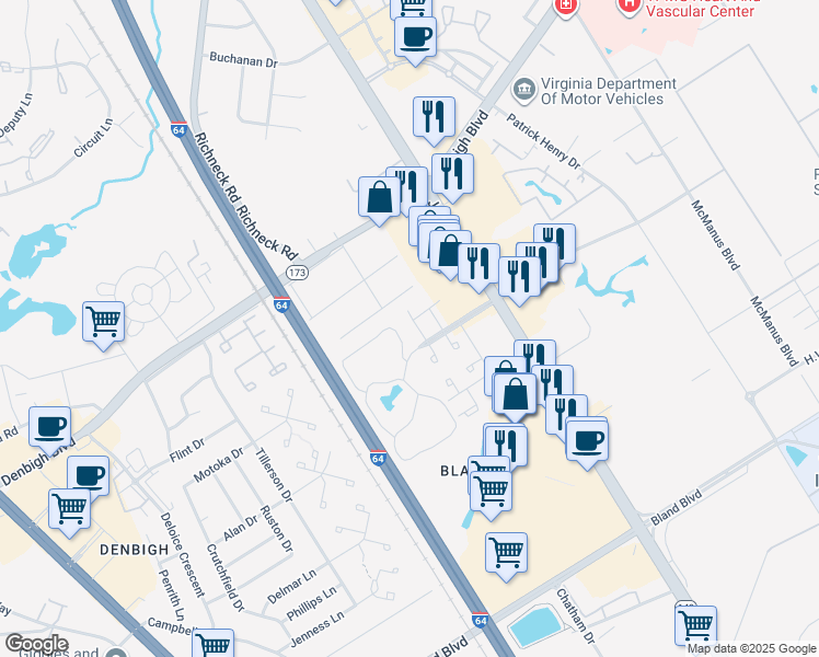 map of restaurants, bars, coffee shops, grocery stores, and more near 567 Ayrshire Way in Newport News