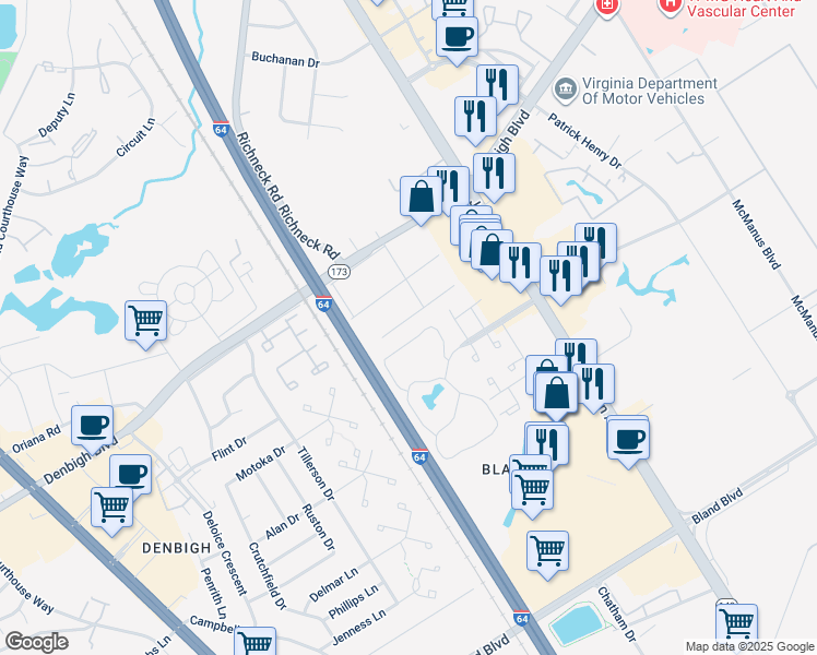 map of restaurants, bars, coffee shops, grocery stores, and more near 512 Ashwood Drive in Newport News