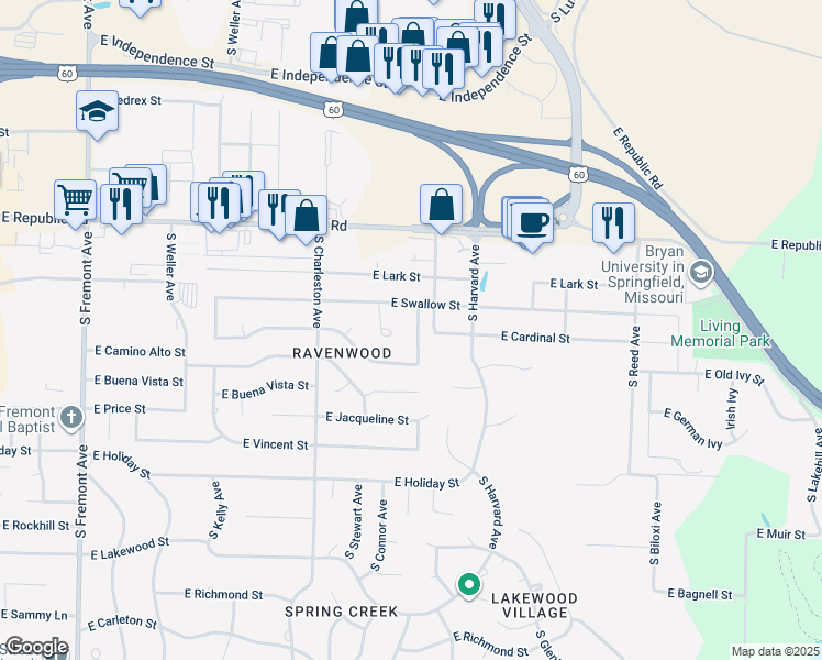 map of restaurants, bars, coffee shops, grocery stores, and more near 4329 South Pratt Avenue in Springfield