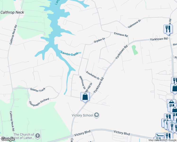 map of restaurants, bars, coffee shops, grocery stores, and more near 202 Powhatan Drive in Poquoson