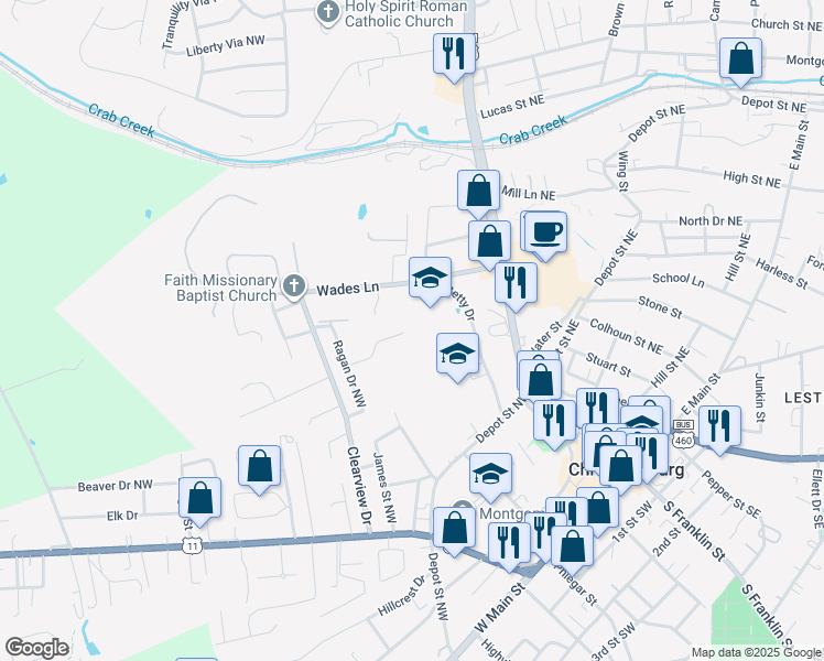 map of restaurants, bars, coffee shops, grocery stores, and more near 95 Overlook Drive in Christiansburg