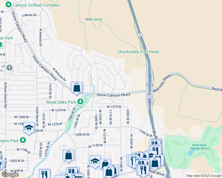 map of restaurants, bars, coffee shops, grocery stores, and more near 1177 West Roadrunner Drive in St. George