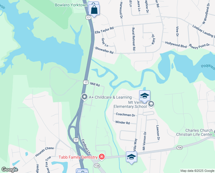 map of restaurants, bars, coffee shops, grocery stores, and more near 200 Mill Road in Yorktown