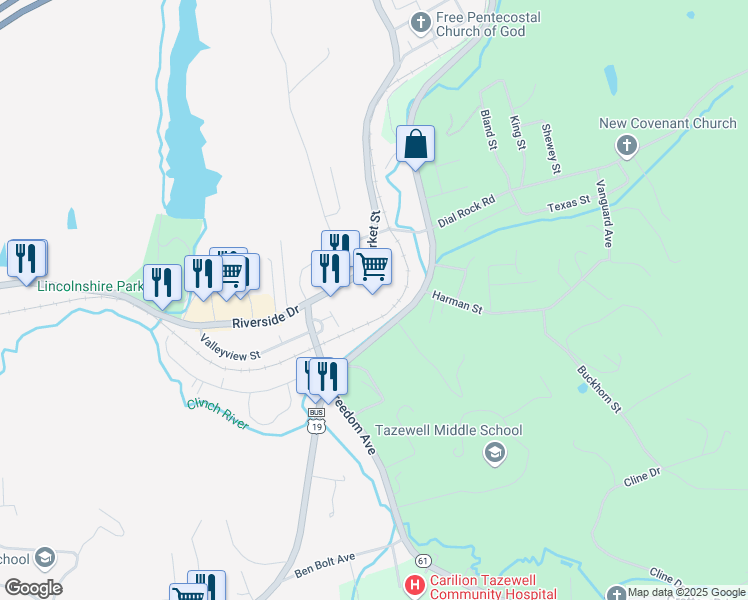 map of restaurants, bars, coffee shops, grocery stores, and more near 620 Market Street in Tazewell