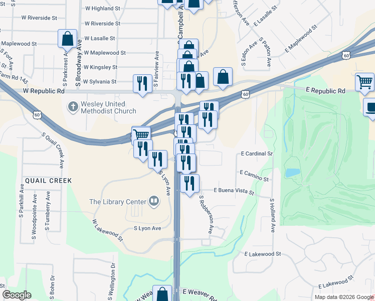 map of restaurants, bars, coffee shops, grocery stores, and more near 4406 South Campbell Avenue in Springfield