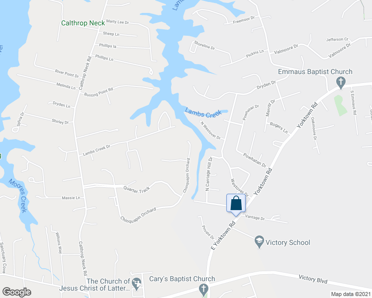 map of restaurants, bars, coffee shops, grocery stores, and more near 405 Chinquapin Orchard in Yorktown