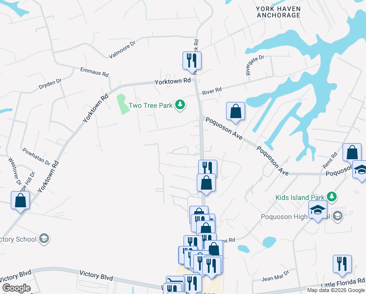 map of restaurants, bars, coffee shops, grocery stores, and more near 26 West Wainwright Drive in Poquoson