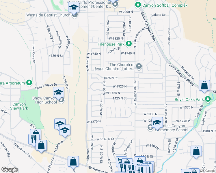 map of restaurants, bars, coffee shops, grocery stores, and more near 2066 West 1525 North in St. George