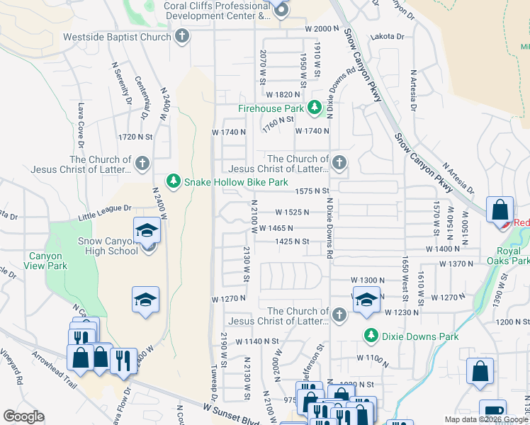map of restaurants, bars, coffee shops, grocery stores, and more near 2066 West 1525 North in St. George
