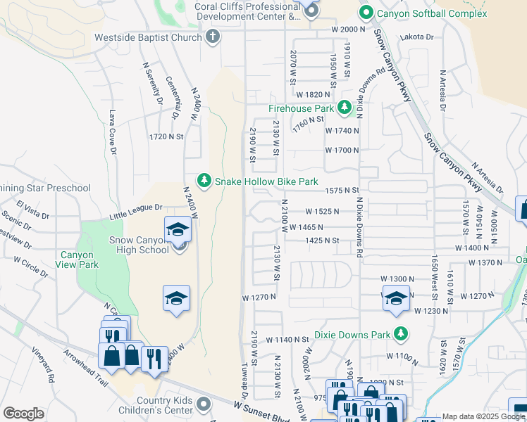 map of restaurants, bars, coffee shops, grocery stores, and more near 1503 North 2100 West in St. George