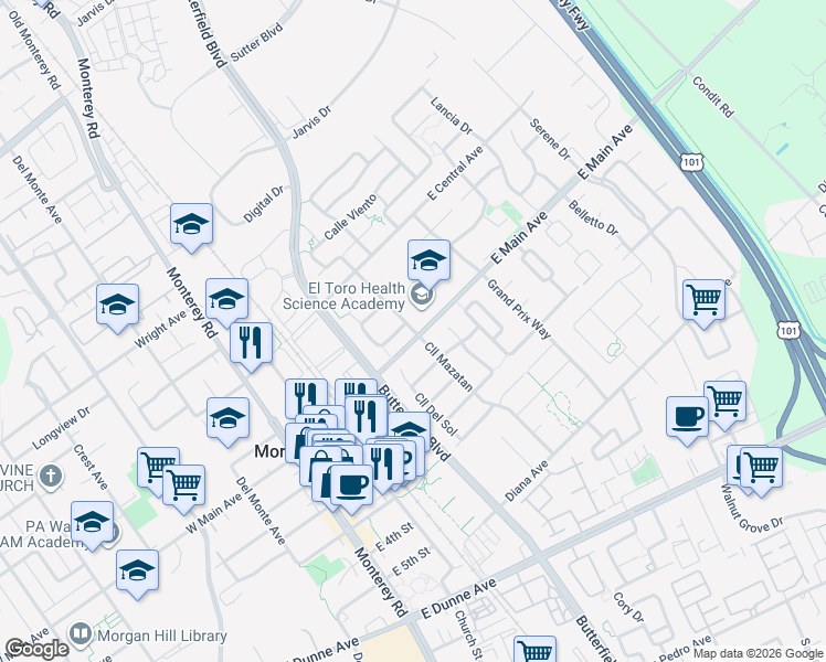 map of restaurants, bars, coffee shops, grocery stores, and more near in Morgan Hill