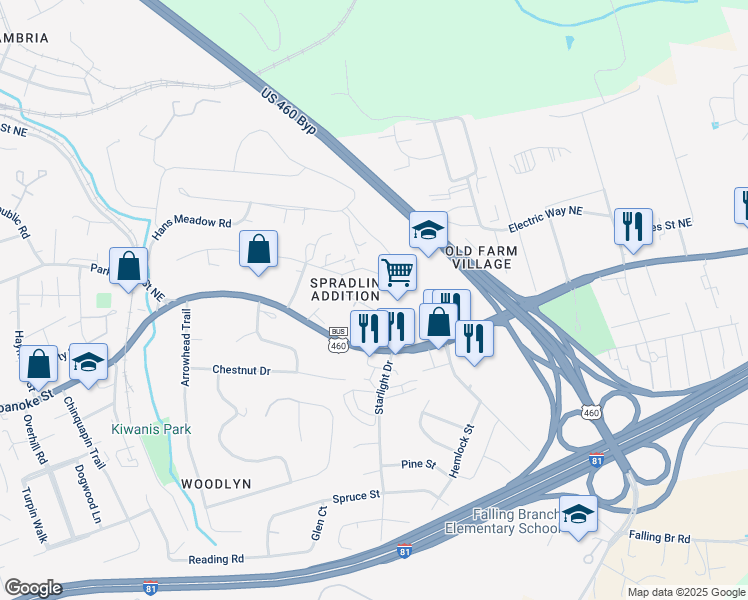 map of restaurants, bars, coffee shops, grocery stores, and more near 1448 Scott Street in Christiansburg