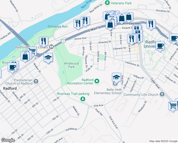 map of restaurants, bars, coffee shops, grocery stores, and more near 125 Polk Street in Radford