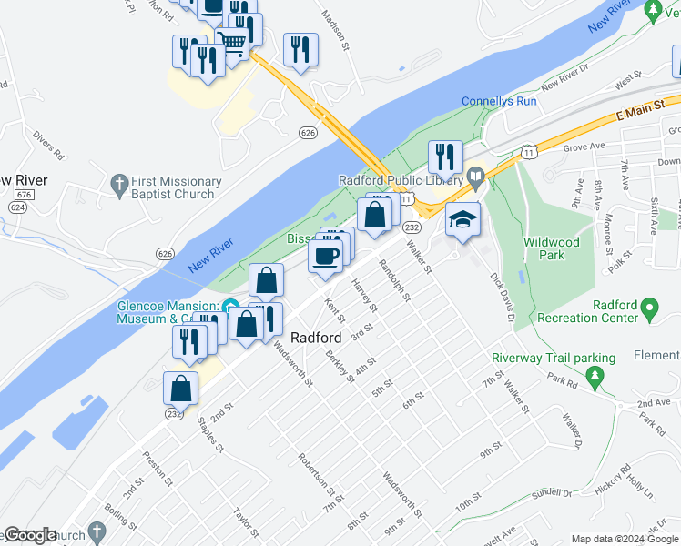 map of restaurants, bars, coffee shops, grocery stores, and more near 311 West Main Street in Radford