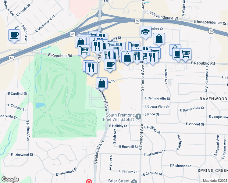 map of restaurants, bars, coffee shops, grocery stores, and more near 4440 South National Avenue in Springfield