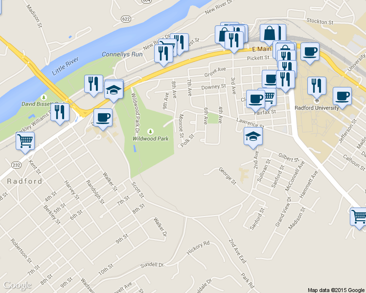 map of restaurants, bars, coffee shops, grocery stores, and more near 125 Polk Street in Radford