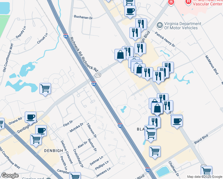 map of restaurants, bars, coffee shops, grocery stores, and more near 507 Ashwood Drive in Newport News