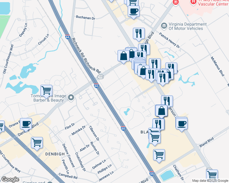 map of restaurants, bars, coffee shops, grocery stores, and more near 507 Ashwood Drive in Newport News