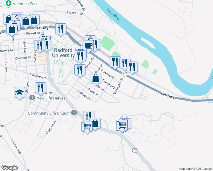 map of restaurants, bars, coffee shops, grocery stores, and more near 501 Clement Street in Radford