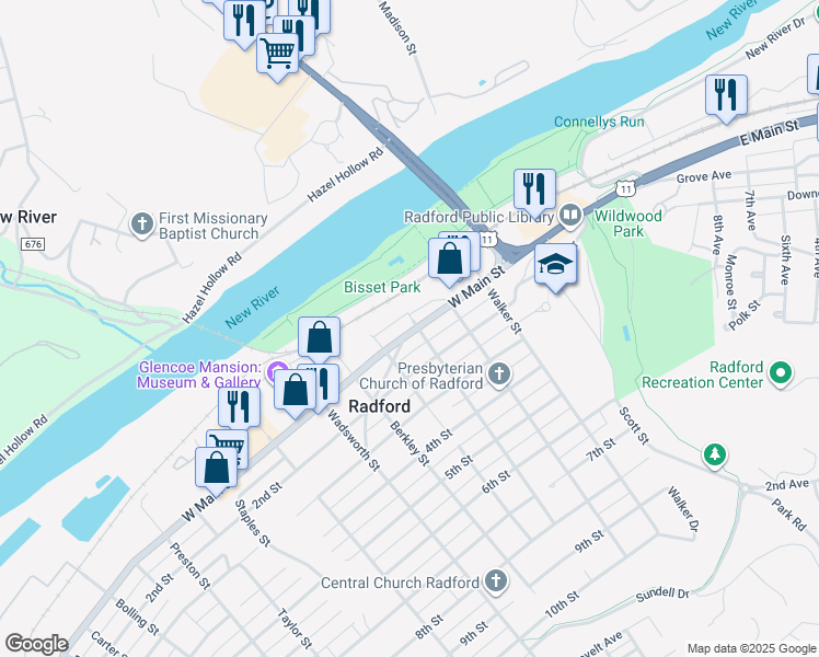 map of restaurants, bars, coffee shops, grocery stores, and more near 311 West Main Street in Radford