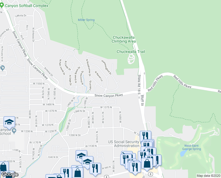 map of restaurants, bars, coffee shops, grocery stores, and more near 1136 West Roadrunner Drive in St. George