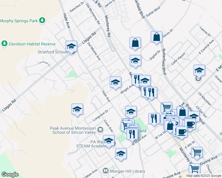 map of restaurants, bars, coffee shops, grocery stores, and more near 159 Del Monte Lane in Morgan Hill