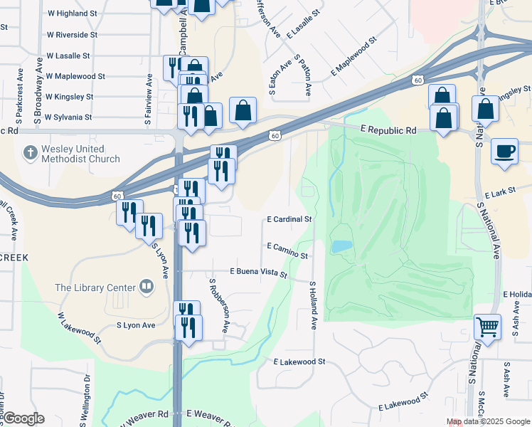 map of restaurants, bars, coffee shops, grocery stores, and more near 425 East Cardinal Street in Springfield