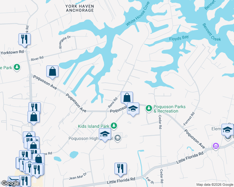 map of restaurants, bars, coffee shops, grocery stores, and more near 37 Rens Road in Poquoson