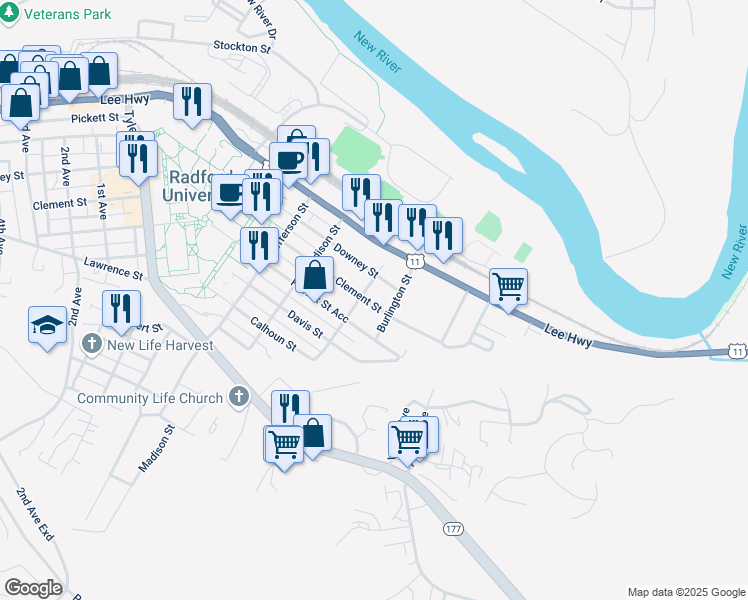 map of restaurants, bars, coffee shops, grocery stores, and more near 408 Clement Street in Radford