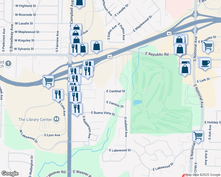map of restaurants, bars, coffee shops, grocery stores, and more near 425 East Cardinal Street in Springfield