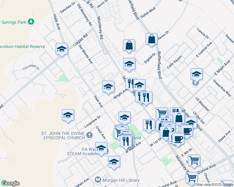map of restaurants, bars, coffee shops, grocery stores, and more near 85 Wright Avenue in Morgan Hill