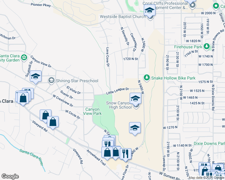 map of restaurants, bars, coffee shops, grocery stores, and more near Little League Drive in Santa Clara