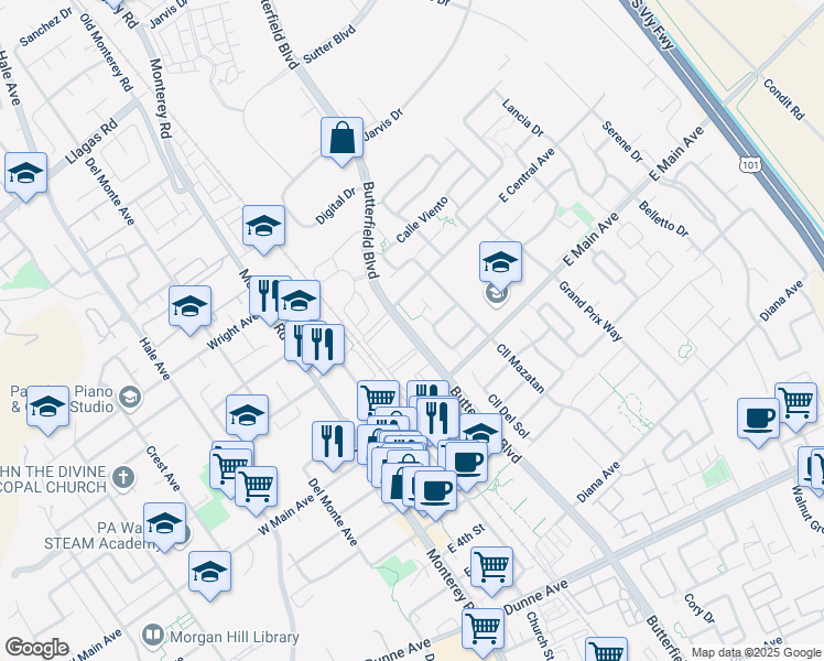 map of restaurants, bars, coffee shops, grocery stores, and more near 0 Croy Road in Morgan Hill