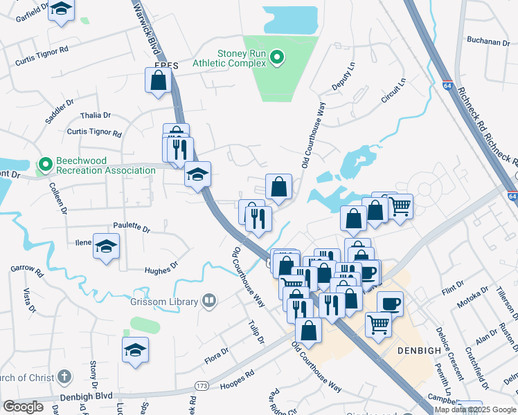 map of restaurants, bars, coffee shops, grocery stores, and more near 14503 Old Courthouse Way in Newport News