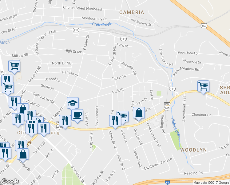 map of restaurants, bars, coffee shops, grocery stores, and more near 401 Park Street in Christiansburg