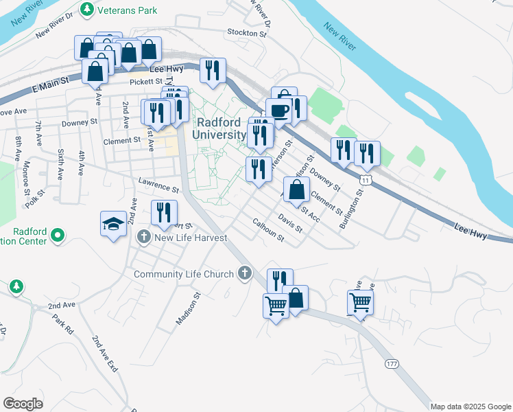 map of restaurants, bars, coffee shops, grocery stores, and more near 612 Calhoun Street in Radford