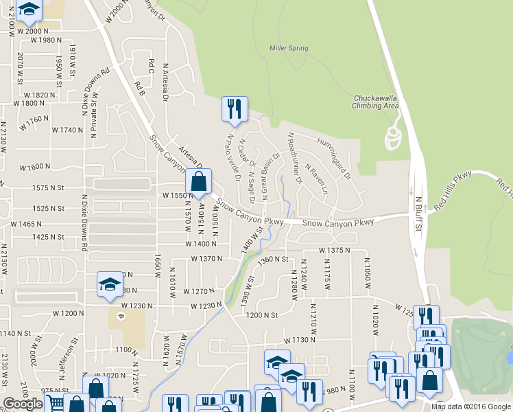 map of restaurants, bars, coffee shops, grocery stores, and more near 1415 W Sego Lily Ln in St George