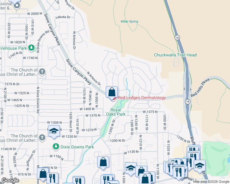 map of restaurants, bars, coffee shops, grocery stores, and more near 1561 North Great Basin Drive in St. George