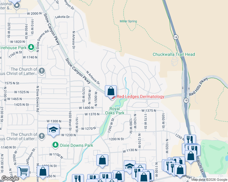 map of restaurants, bars, coffee shops, grocery stores, and more near 1415 W Sego Lily Ln in St George