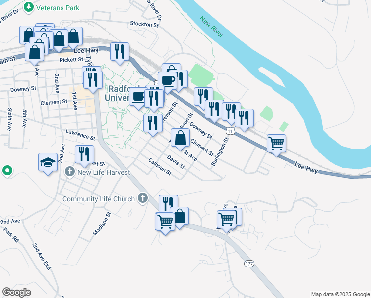 map of restaurants, bars, coffee shops, grocery stores, and more near 508 Fairfax Street in Radford