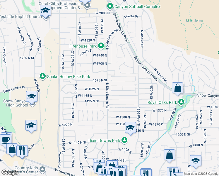 map of restaurants, bars, coffee shops, grocery stores, and more near 1526 North Dixie Downs Road in St. George