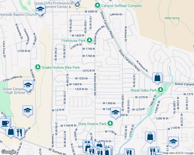 map of restaurants, bars, coffee shops, grocery stores, and more near 1526 North Dixie Downs Road in St. George