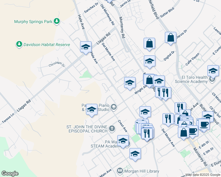 map of restaurants, bars, coffee shops, grocery stores, and more near 17950 Hillwood Lane in Morgan Hill