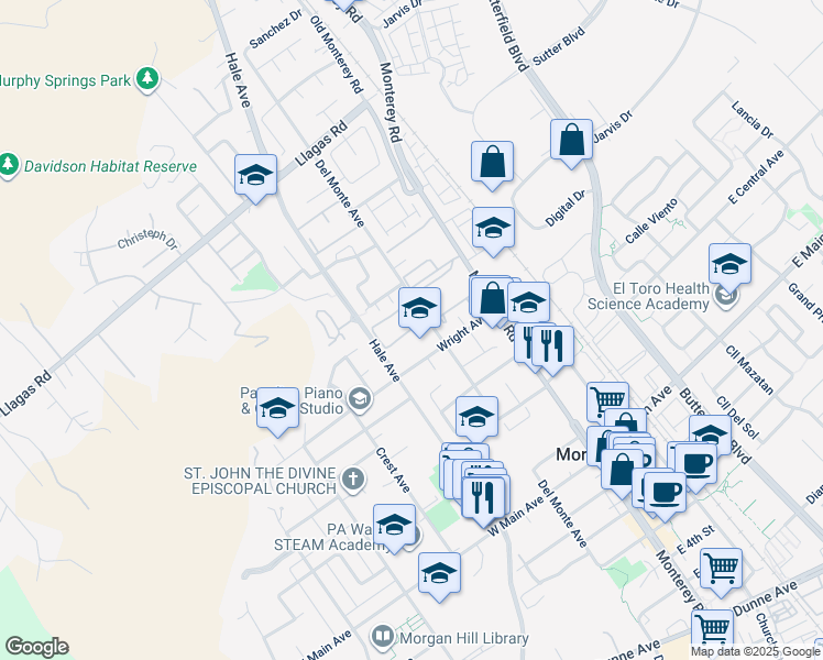 map of restaurants, bars, coffee shops, grocery stores, and more near 143 Del Monte Lane in Morgan Hill