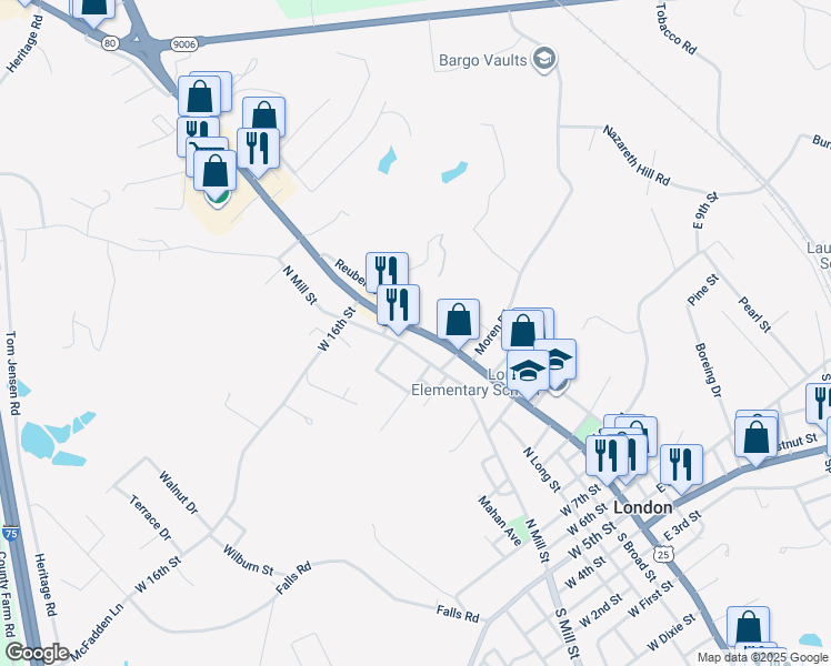 map of restaurants, bars, coffee shops, grocery stores, and more near 921 North Main Street in London
