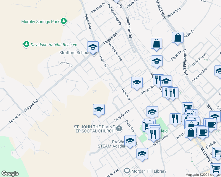 map of restaurants, bars, coffee shops, grocery stores, and more near 18035 Hillwood Lane in Morgan Hill