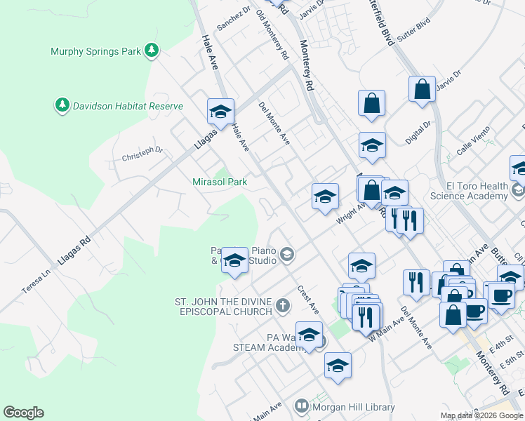 map of restaurants, bars, coffee shops, grocery stores, and more near 18035 Hillwood Lane in Morgan Hill