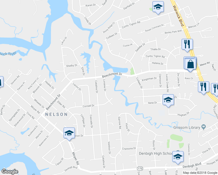 map of restaurants, bars, coffee shops, grocery stores, and more near 212 Talley Place in Newport News